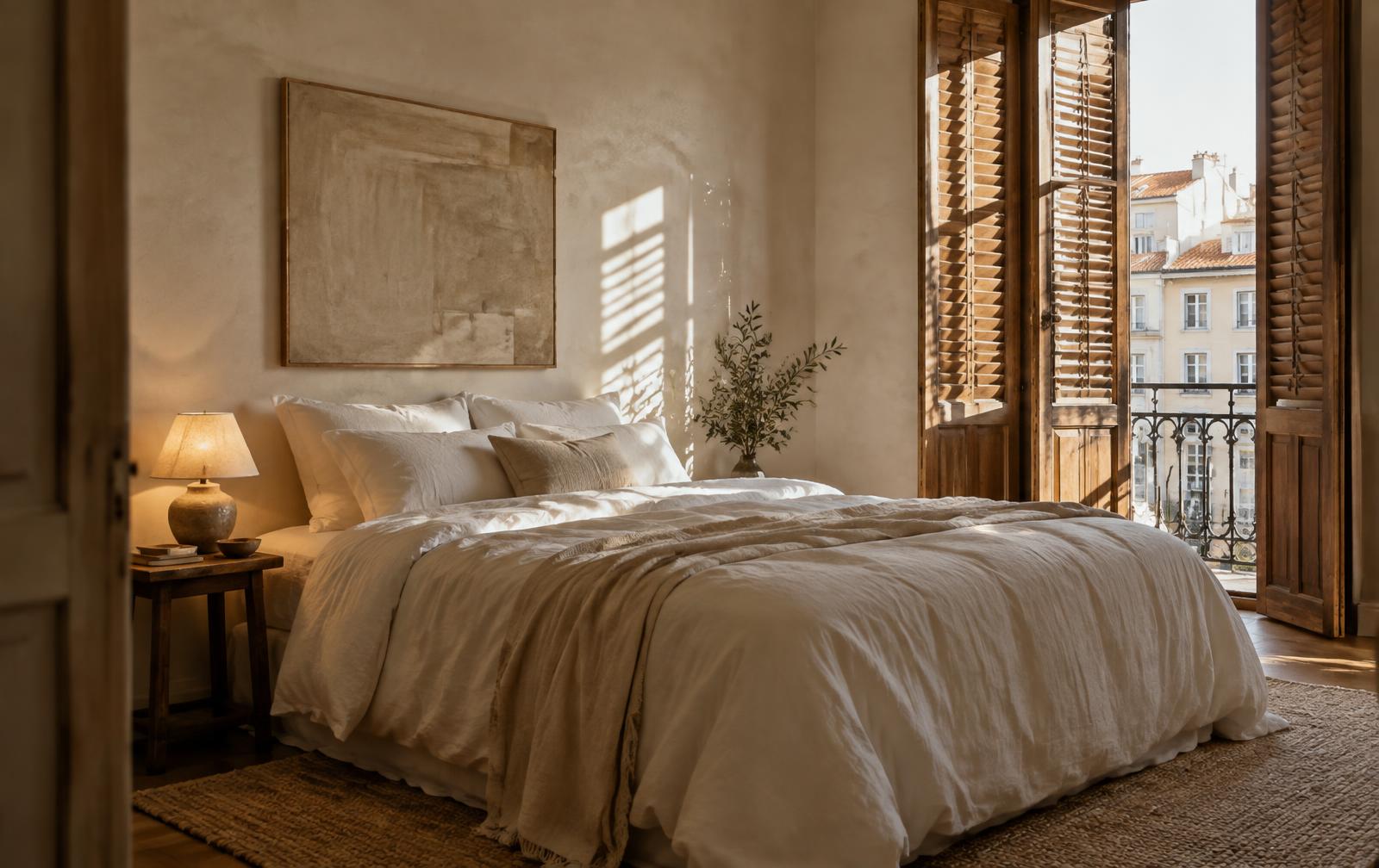 Quarto de um apartamento Happy Return com roupa de cama de linho